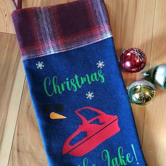 Denim Christmas Stocking: Lake House Christmas Decor, Boating Fishing Applique - Picture 4 of 10